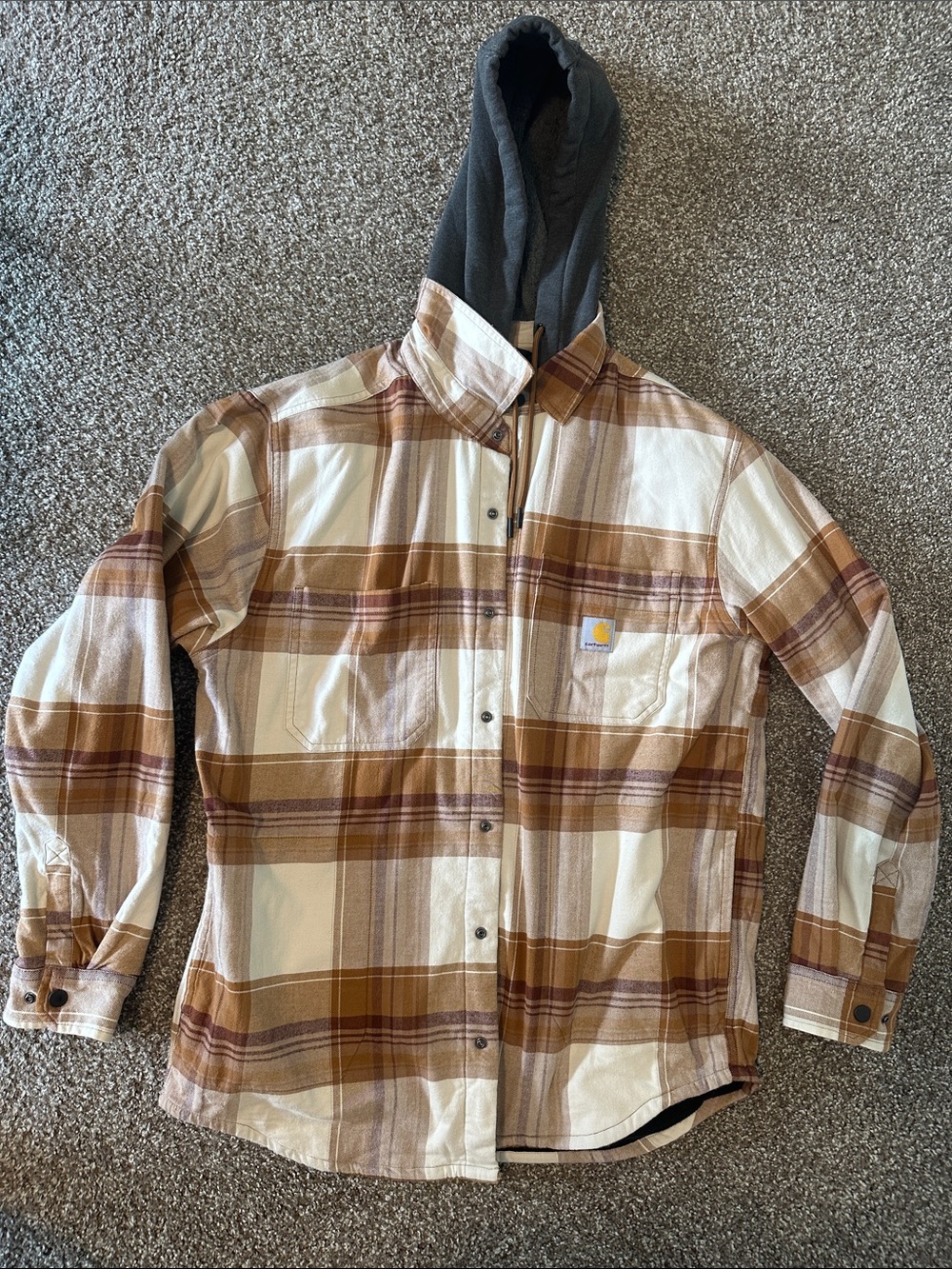 Carhartt Men’s Plaid Fleece Lined Shirt Jac with Gray Hood - Brown & Cream
